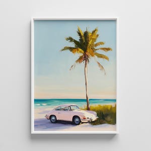 Plakat z motywem różowego samochodu w stylu retro: Plaża z palmami (do pobrania cyfrowego)