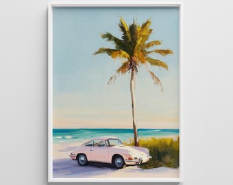 Vintage Pink Car Print: Retro Palm Tree Beach Poster (Digital Download)