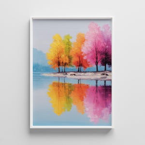 Colorful Autumn Trees Reflection Print – Pastel Lake Landscape Digital Painting, Fall Wall Art Poster for Cozy Interiors and Seasonal Decor
