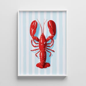 Coastal Red Lobster Printable Wall Art - Preppy Stripes Kitchen Decor, Striped Ocean Cottage Poster - New England Beach House Wall Art Print
