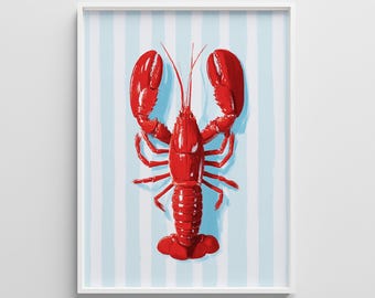 Red Lobster Coastal Kitchen Print: Preppy Striped Wall Art (Digital Download)