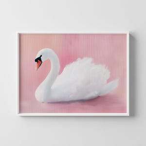 Pastel Swan Art Print - White Swan on Soft Pink Background - Minimalist Elegant Bird Poster - Feminine Wall Art - Digital Download