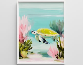 Lámina artística de tortuga marina: decoración impresionista para casa de playa (descarga digital)
