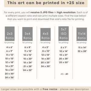 May include: A white background with black text that reads "This art can be printed in +25 sizes".  The text explains that for every print, you will receive 5 JPG files in high resolution.  The text also lists different aspect ratios and corresponding print sizes in inches, such as 4x6, 6x9, 8x12, 10x15, 12x18, 14x21, 16x24, 20x30, and 24x36.