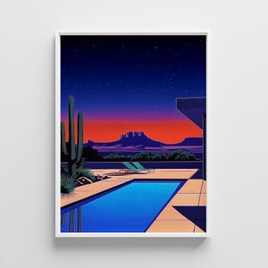 Texas Vintage Poster, Hiroshi Nagai Retro Wall Art, Japanese City Pop Print, Digital Download, 80s Aesthetic Decor, Retro Landscape Print