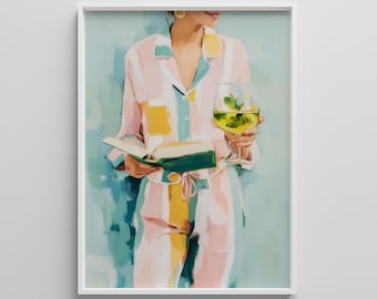 Cozy Evening Art Print: Woman Reading, Wine, Pastel Illustration (Digital Download)