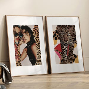 Set of 2 Girly Cheetah Collage Posters – Y2K Fashion Mood Board Wall Art – Leopard Print Magazine Style Prints – Trendy Digital Download