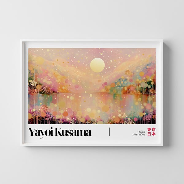 May include: A framed art print featuring a colorful landscape painting. The artwork showcases a serene scene with a large yellow sun, a body of water, and colorful, dotted foliage. The artist's name, Yayoi Kusama, is printed at the bottom.