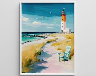 Coastal Lighthouse Digital Poster – Nautical Beach Wall Art, Seaside Decor, Summer Printable Download