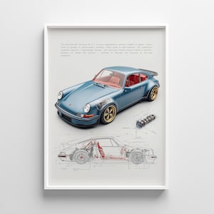 Porsche 911 poster featuring a classic blue supercar with vintage sketch background.