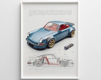 May include: A framed print featuring a blue sports car with gold wheels and red interior. Below the car is a blueprint-style illustration of the car's frame. The print includes text describing the car's features and design.