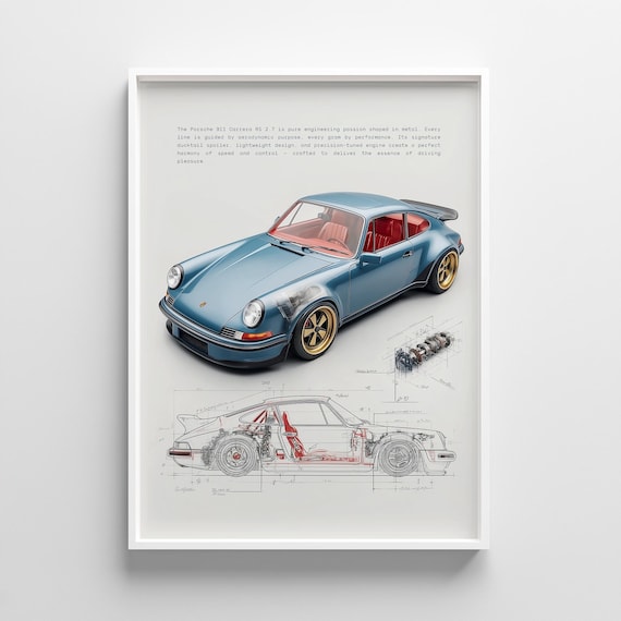 Blue Porsche 911 Print: Retro Automotive Sketch (Digital Download)