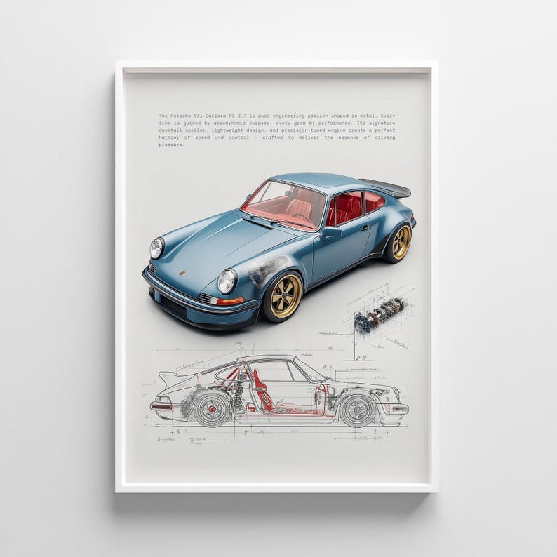 Porsche 911 poster featuring a classic blue supercar with vintage sketch background.