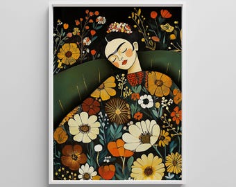 Frida Inspired Floral Portrait Art Print: Boho Woman Illustration (Digital Download)