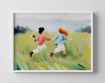 Girls Running in Field Art Print: Whimsical Kids Room Decor (Digital Download)