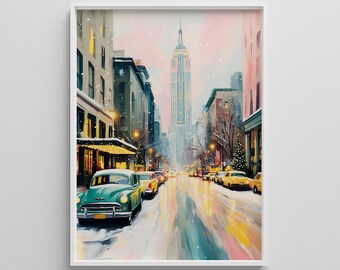 Winter New York Wall Art – Snowy NYC Printable with Retro Cars, Holiday City Decor