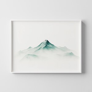Minimalistische Berge Wandkunst, Nebel Landschaft Poster, Grüne Gipfel Druck, ruhige Natur Dekor, digitaler Download, Zen Haus Kunst