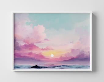 パステル画による夕焼けの海景：ビーチハウスのアートプリント