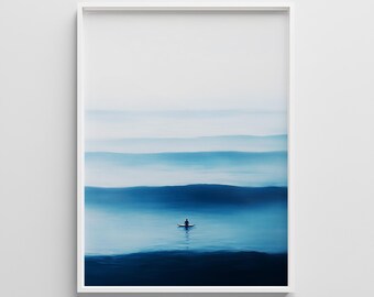 Minimalist Surfer Ocean Print: Blue Waves Coastal Art (Digital Download)