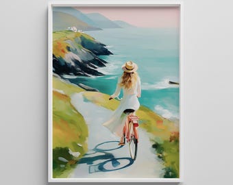 Kustfietsprint – Pastel strandhuis schilderij oceaanklif
