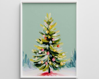 May include: An abstract painting of a Christmas tree with colorful ornaments. The tree is painted with green and yellow brushstrokes, and the ornaments are pink, white, and orange. The background is a light green color, and the painting is framed in a white border.