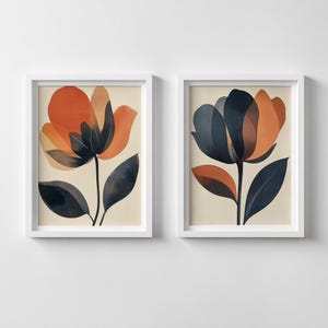 Conjunto de estampados florales Japandi: naranja terracota y azul intenso (descarga digital)