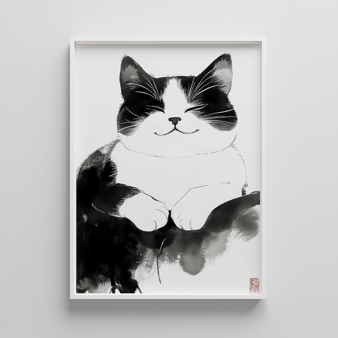 Minimalist Black and White Cat Print: Zen Watercolor Wall Art (digital ...