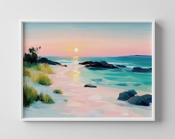 Pastel Beach Sunset Print: Pink Sand Coastal Landscape (Digital Download)