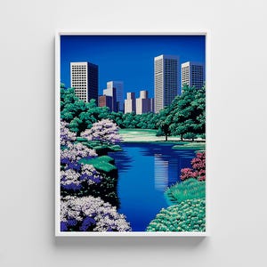 Central Park Japanese Art Print, Hiroshi Nagai Style Poster, City Pop Digital Download, Japanese Retro Wall Art, 80s Aesthetic Home Decor