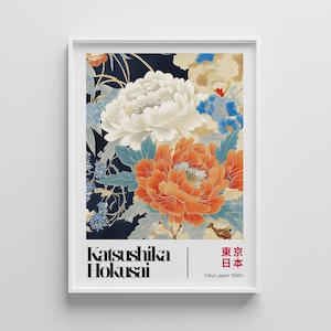 Hokusai Peonies Print, Japanese Ukiyo-e Floral Poster, Katsushika Hokusai Botanical Wall Art, Traditional Japanese Digital Print