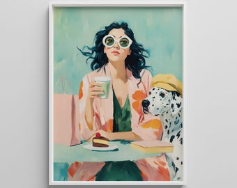 Girl with Dalmatian Cafe Art Print: Chic Dog Lover Decor (Digital Download)