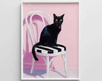 Whimsical Black Cat Art Print: Pastel Pink Cat Poster (Digital Download)