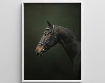 Black Horse Portrait Print: Equestrian Wall Art, Dark Green Decor (Digital Download)
