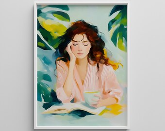 Art Print meisje lezend: Hygge Coffee & Book-poster (digitale download)