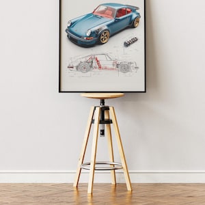 Vintage supercar poster featuring Porsche 911 in blue color.