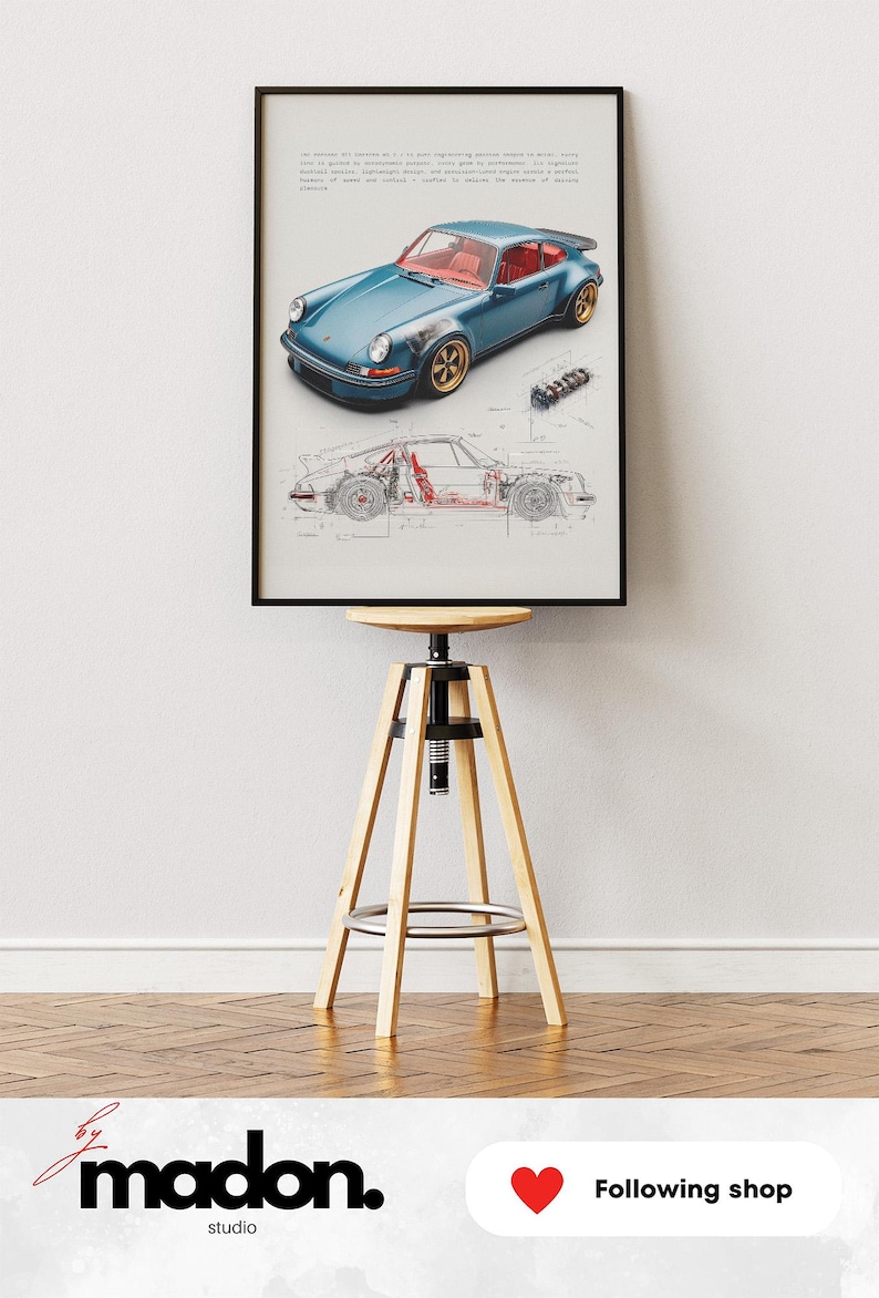 Vintage supercar poster featuring Porsche 911 in blue color.