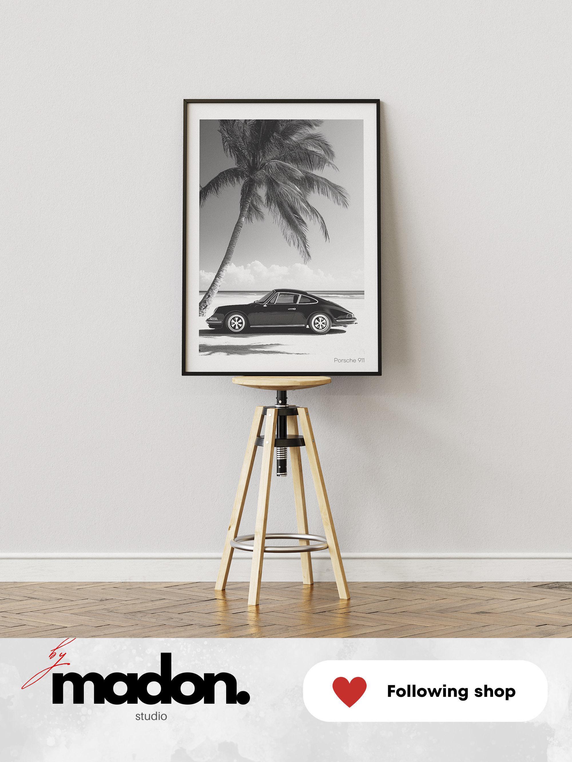 Porsche 911 Black and White Poster: Coastal Palm Tree Art (digital
