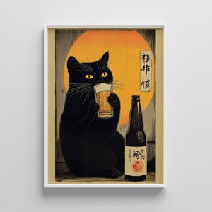 Cute Japanese Beer Art Print – Funny Black Cat Wall Decor – Drinking Cat Poster for Kitchen – Japanese Style Cat Gift – Digital Download