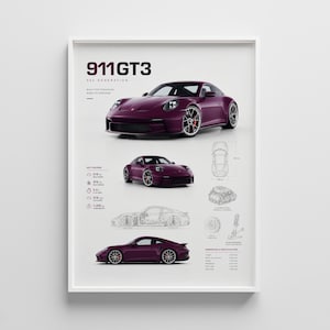 May include: A white poster featuring a dark purple 911 GT3 992 generation sports car. The print displays the car from three angles, technical line drawings, engine and suspension diagrams, and performance specifications including 510 hp and 1,435 kg.