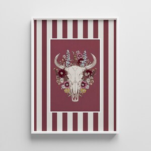 Impresión de flores silvestres de calavera de toro borgoña: arte vaquero del suroeste (descarga digital)