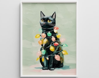 Black Cat Christmas Lights Print: Whimsical Holiday Wall Art (Digital Download)