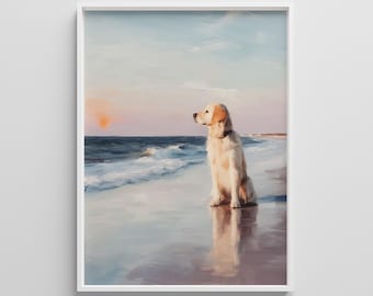 Puede incluir: Pintura enmarcada de un golden retriever sentado en una playa al atardecer. La obra de arte muestra un perro sentado en la arena, mirando al mar. La paleta de colores incluye azules, rosas y amarillos, con el reflejo del perro en la arena mojada.