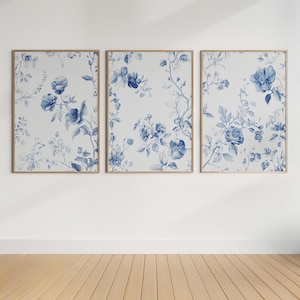 Chinoiserie Botanical Wall Art Set - Blue Minimalist Decor - Digital Botanical Wall Art Trio - Chinoiserie Decor Set