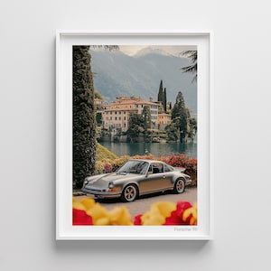 Vintage Porsche Como Lake Print: Classic German Car Wall Art (Digital Download)