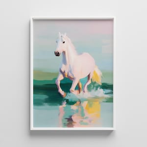 Pastel Horse Wall Art – White Horse Running in Water – Coastal Animal Print – Elegant Equestrian Decor – Soft Ocean Colors Poster