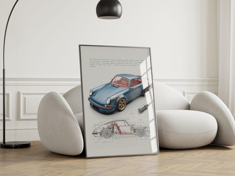 Blue Porsche digital artwork perfect for car lovers and collectors.