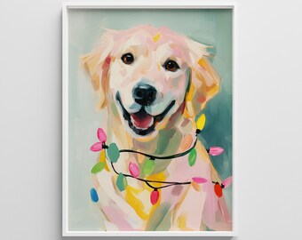 May include: A framed painting of a smiling golden retriever wearing a string of colorful Christmas lights. The dog has a light pink and yellow coat with brown eyes and a black nose. The background is a soft teal color.