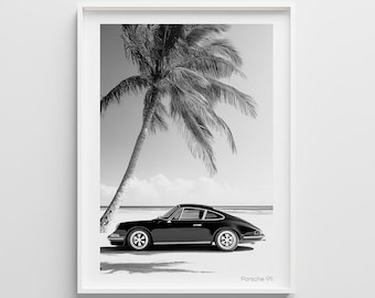 Porsche 911 Black and White Poster: Coastal Palm Tree Art (Digital Download)