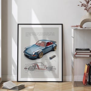 Retro Porsche 911 Turbo digital print in calm blue tones.