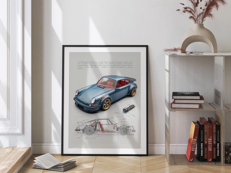 Retro Porsche 911 Turbo digital print in calm blue tones.